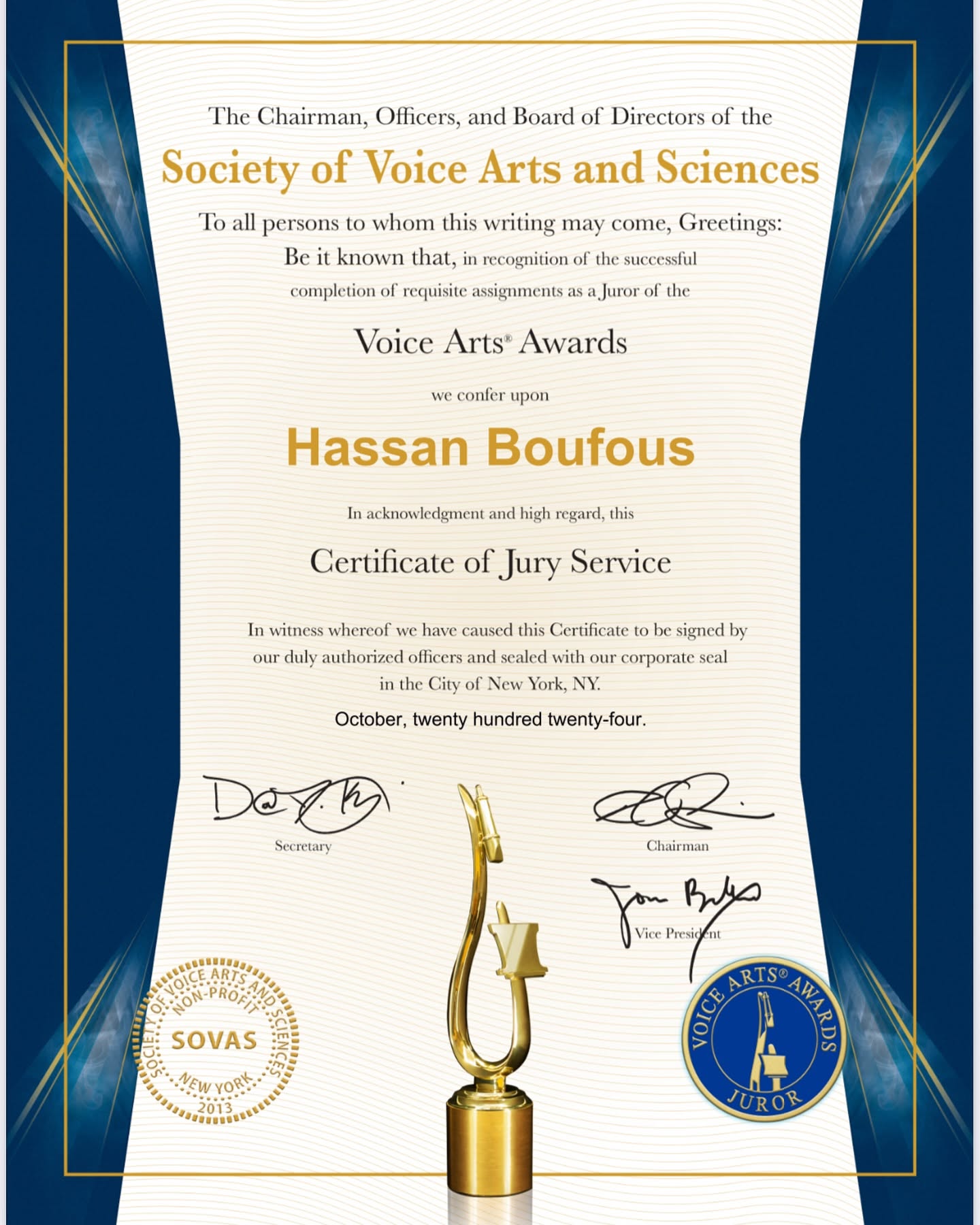 Hassan Boufous Voice Arts Awards jury certificate for 2024