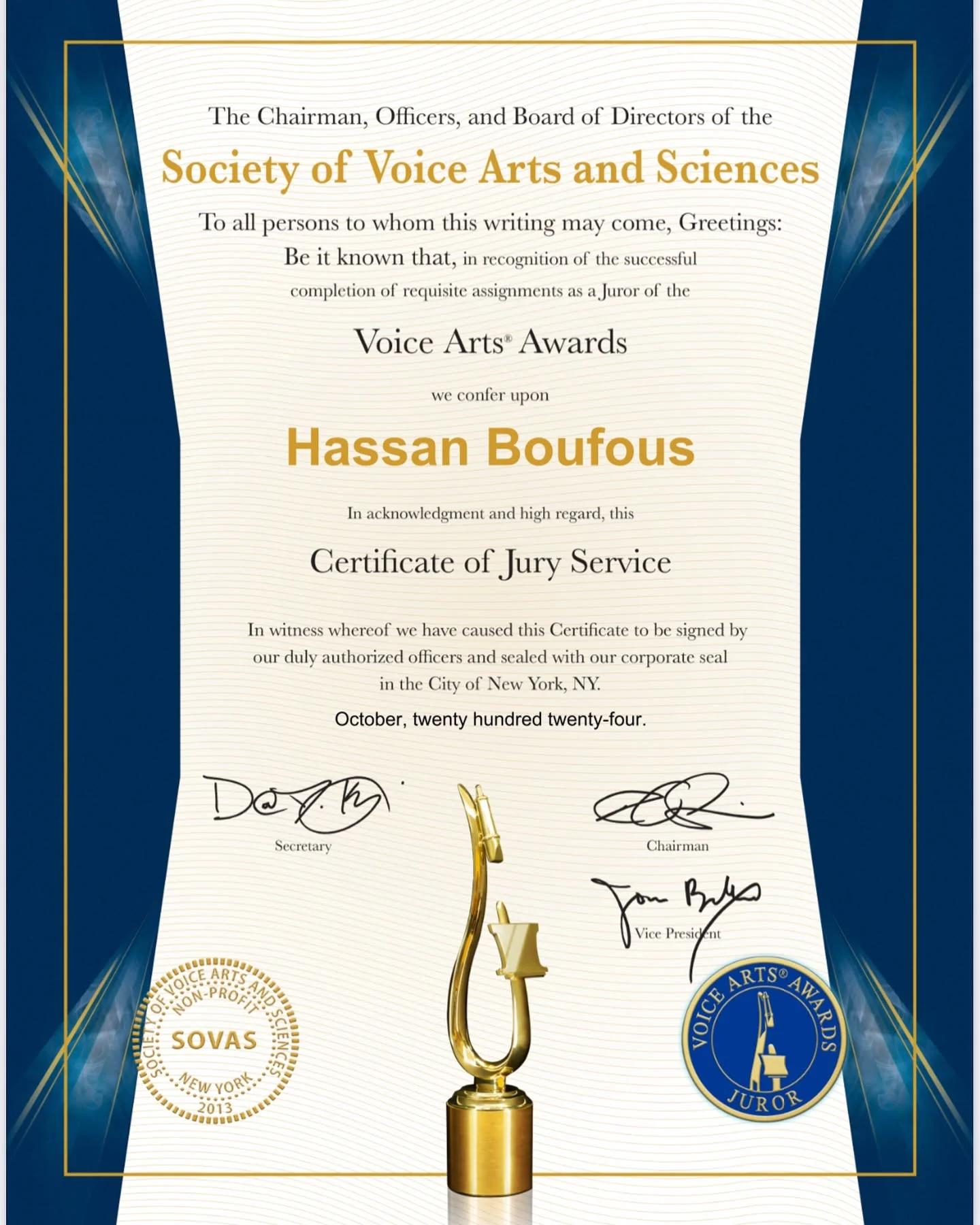 شهادة تحكيم حسن بوفوس في Voice Arts Awards لسنة 2024