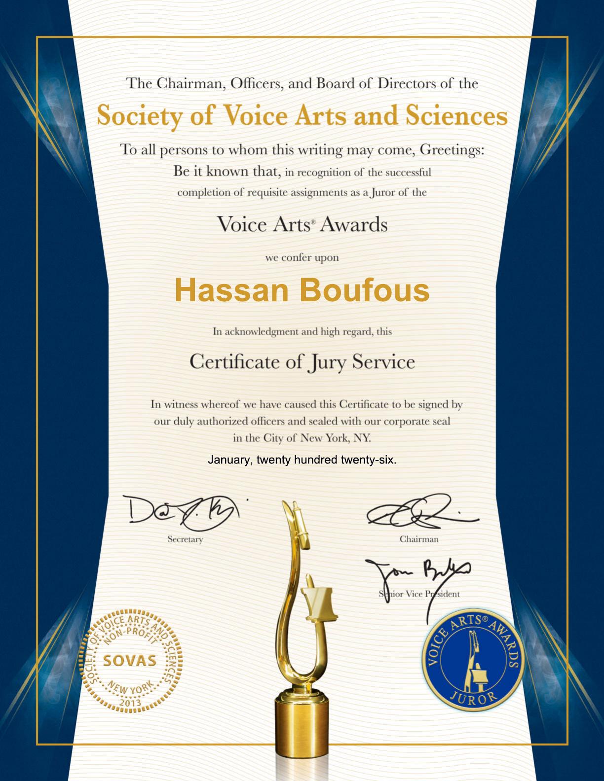 Hassan Boufous Voice Arts Awards jury certificate for 2025